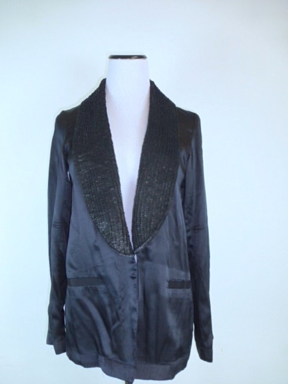 GRYPHON black silk tuxedo dress jacket sequins M